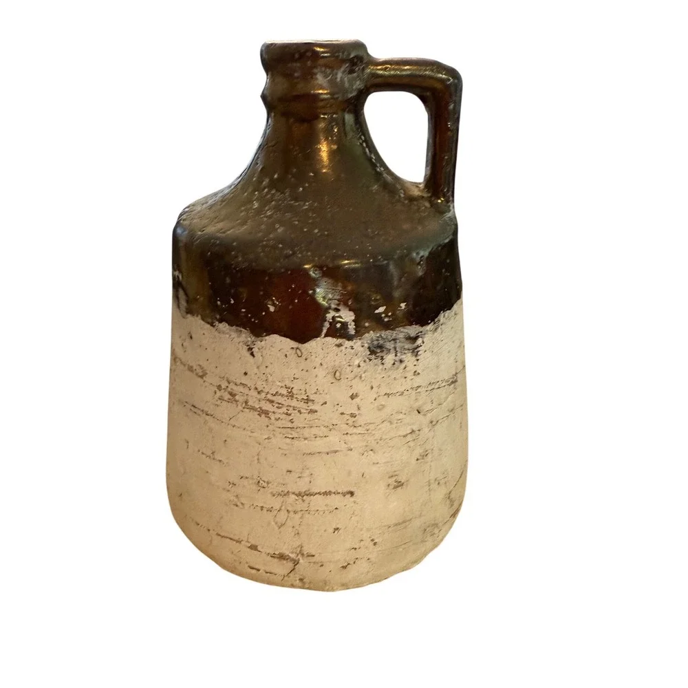 Rustic Farmhouse Ceramic Stoneware Jug Distressed White Bronze Brown‎ 7.75 Inch